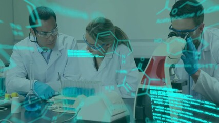 Poster - animation of chemical formula and data processing over diverse scientists working in lab