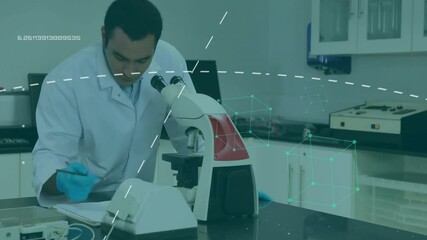 Poster - animation of shapes and data processing over biracial male scientist working in lab