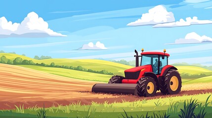 Wall Mural - Red Tractor in a Field