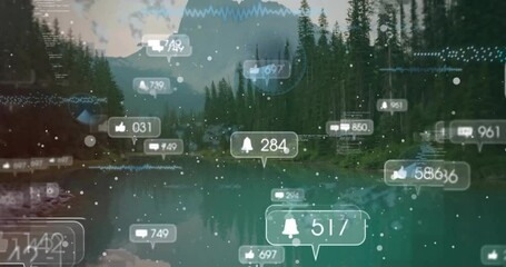 Poster - animation of social media icons with numbers and light spots over mountain landscape