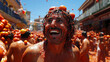 © feeling lucky - A joyful man covered in tomato splashes during a vibrant festival celebration in a lively street scene.