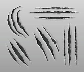 Tiger claw scratch on paper vector. Bear paw mark. Lion nail trace isolated set. Horror attack design with scary tear realistic 3d. Mystery scrape texture on wall surface. Power shred from werewolf