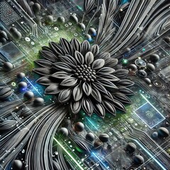 Abstract Black Flower on Tech Circuit Board with Glowing Lines