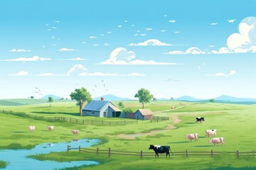 Poster - Farm landscape cow grassland.