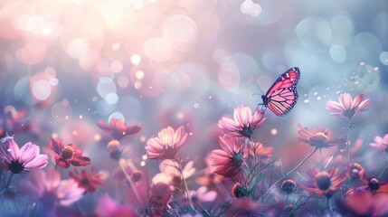 Butterfly fluttering over a cosmos blossom flower field with soft bokeh effect and glowing light in a dreamy, misty morning wildflower meadow – fantasy-inspired nature wallpaper perfect for serene bac