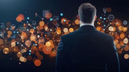 A businessman contemplates digital connections and data visualizations in a futuristic environment.