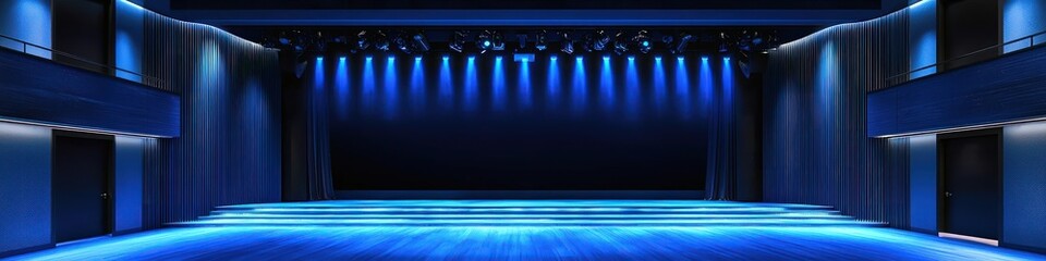 Blue-lit modern theater with a subtle, elegant stage design.