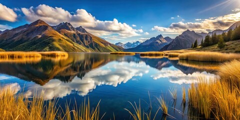 Wall Mural - Mountain side lake with sky reflection and tall grasses , mountain, lake, sky, reflection, grass, nature, landscape