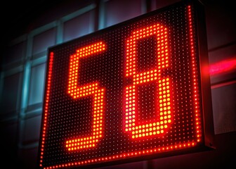 Digital display showing a countdown sequence in red LED lights on a modern electronic scoreboard, isolated on a dark background, highlighting the number 5.