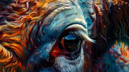 abstract art of a cow's eye with a reflection of the sky.