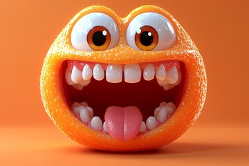 A playful, cartoonish mouth with big teeth and googly eyes on a vibrant orange background, perfect for Halloween-themed designs with copy space for text.