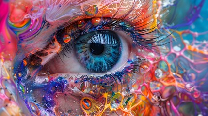 Poster - Close-up of a vibrant blue eye with abstract colorful paint splatter surrounding it.