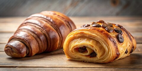 Wall Mural - Close-up of a croissant and pain au chocolat on a table, croissant, pain au chocolat, breakfast, bakery, French, pastry