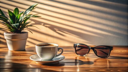 Coffee cup on table with sunglasses and plant in background, creating a stylish and aesthetic shadowplay, coffee, cup