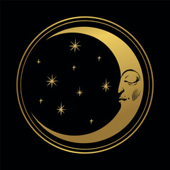 Wall Mural - golden crescent moon with face on black background, astrology and mysticism magic icon, vintage taro