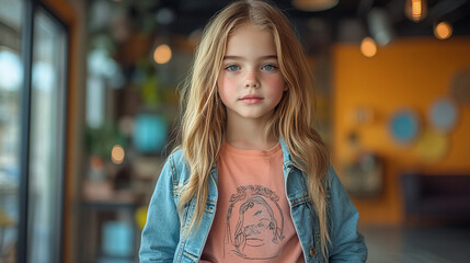 A young girl with long hair stands confidently in a vibrant indoor space, showcasing her casual outfit and natural beauty.