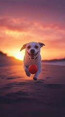 Dog playing with red ball on the beach at sunset, joyful pet concept