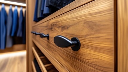 Sticker - A close up of a wooden dresser with black hangers on it, AI