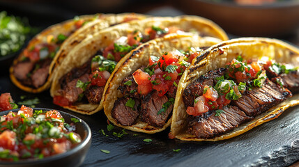 Delicious tacos filled with juicy grilled steak, fresh salsa, and herbs, served on a rustic slate platter.