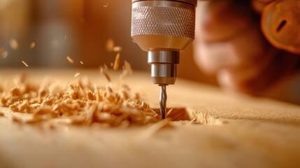 Wall Mural - A person using a drill to cut wood on the table, AI