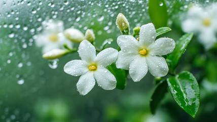 Canvas Print - Jasmine flowers blurred behind rain covered glass with shimmering droplets 