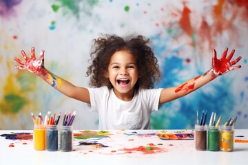 Sticker - Little girl sitting at a table with stationery and paint child joy celebration.