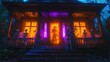 © HuynhThiThuy - A haunted house's front porch, cobweb-covered with animated skeletons guarding the entrance, illuminated by creepy orange and purple lights, cracked windows, decayed wood,