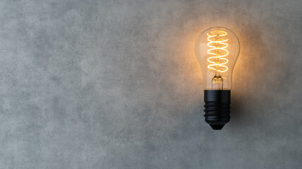 Poster - Spiral filament light bulb glowing against a concrete wall texture with dramatic lighting 