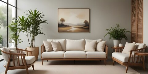 A modern living room with a large beige sofa, a wooden coffee table, and a landscape painting on the wall. The room has a minimalist and cozy feel