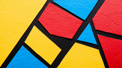 Wall Mural - Textured paper shapes in bold red yellow and blue with intersecting thin black lines 