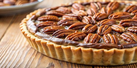 Wall Mural - Close up of a delicious pecan pie , dessert, pastry, sweet, pecans, pie crust, indulgent, holiday, homemade, traditional