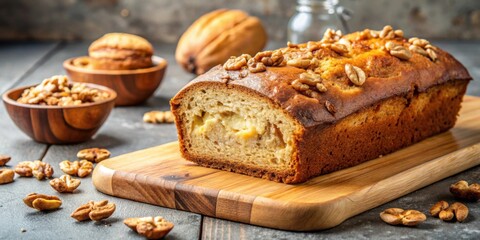 Wall Mural - Delicious homemade banana nut bread with walnuts and a golden crust , baked, dessert, loaf, sweet, sliced, tasty, freshly baked