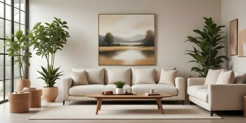 A modern living room with a large beige sofa, a wooden coffee table, and a landscape painting on the wall. The room has a minimalist and cozy feel