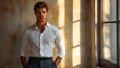 © feeling lucky - Stylish man posing in a sunlit room, showcasing modern fashion with confidence and elegance.