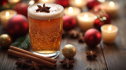 A rustic wooden table with a frothy glass of Cola de Mono, garnished with cinnamon sticks and star anise, surrounded by Christmas ornaments and candles. Soft candlelight creates a warm, inviting glow.