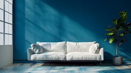 Wall Mural - Interior of cozy modern living room with sofa against blank, dark blue wall