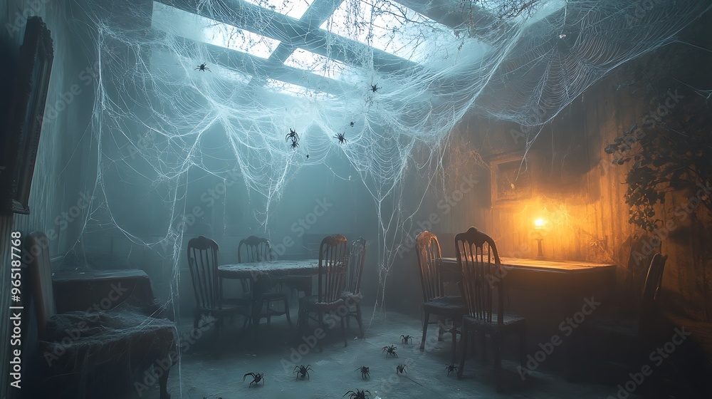 A spooky, dimly lit room with spider webs stretching across the ceiling ...