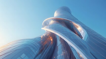 Low-angle view of a modern glass building with a sleek, curved design against a clear blue sky. The reflective windows and fluid architecture create a sense of innovation and futuristic.