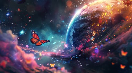 Wall Mural - majestic planet covered with a multitude of butterflies floating in the vastness of the galaxy - enc