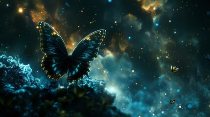 Wall Mural - majestic planet covered with a multitude of butterflies floating in the vastness of the galaxy - enc