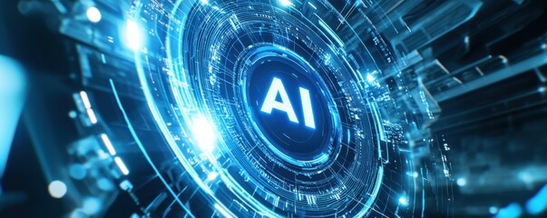 Poster - Blue and white AI icon in a digital futuristic interface with glowing tech elements and abstract data visualization