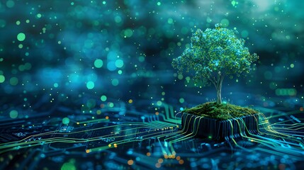 Poster - A small tree grows from a circuit board, glowing with light, symbolizing the connection between technology and nature.