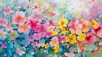 Wall Mural - vibrant watercolor painting of july flowers in pink, yellow, and light blue with delicate pastel ton