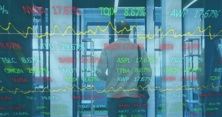 Poster - Animation of financial data processing over african american businessman walking in office