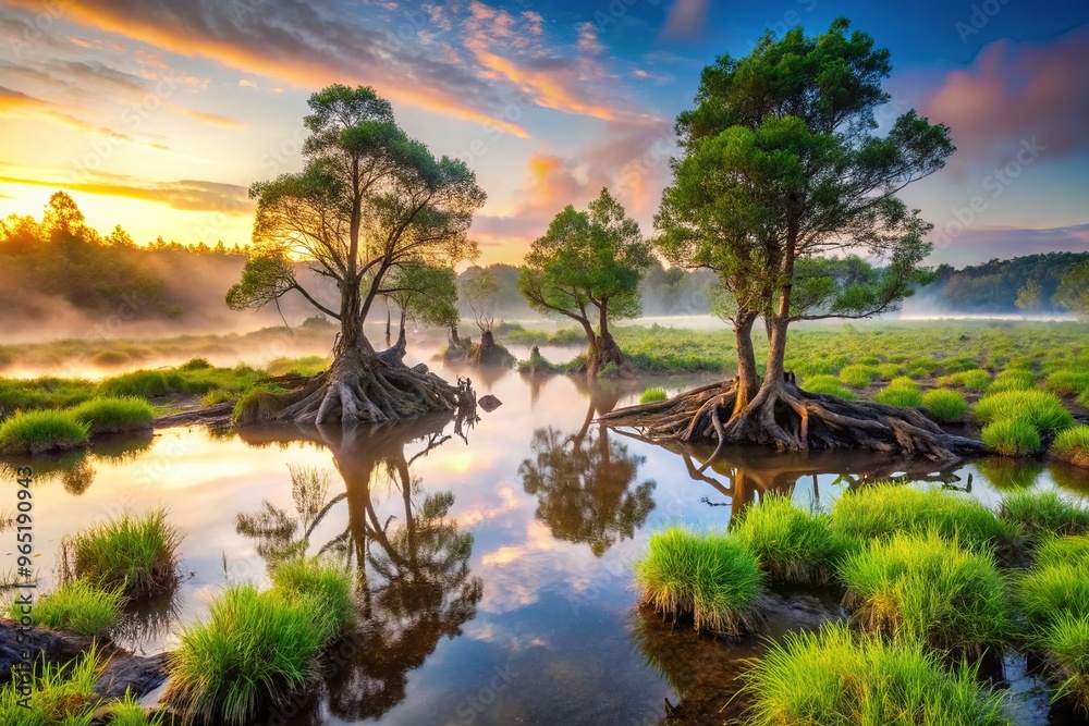 Rustic, ancient bog iron ore deposits rise from the murky waters of a ...