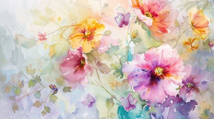 Wall Mural - Vibrant watercolor painting of july flowers in pink, yellow, and light blue with delicate pastel tones and tiny butterflies, featuring light green leaves for a fresh floral summer wallpaper design