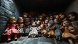 © HuynhThiThuy - A dark, dusty corner filled with old, broken dolls, some missing eyes and limbs, their cracked porcelain faces staring blankly. The dim lighting casts eerie shadows,