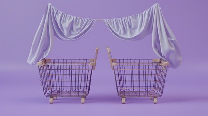 Aufkleber - Two wire shopping baskets on wheels, draped with purple fabric on a purple background.