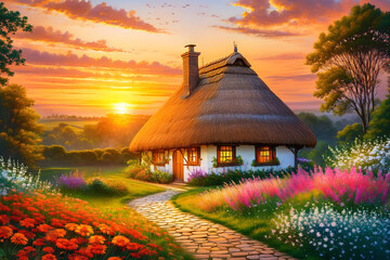 A beautiful thatched cottage surrounded by colorful flowers, with an orange sunset in the background and clouds above it. The landscape includes green meadows, stone paths leading to the house, trees 