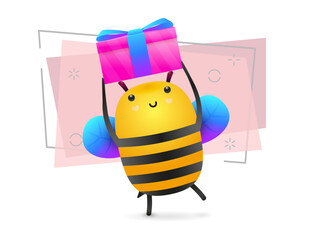Poster - Cute cartoon bee illustration. Blue wings, bee, gift. Present concept. Vector illustration can be used for topics like celebration, gift, advertisement